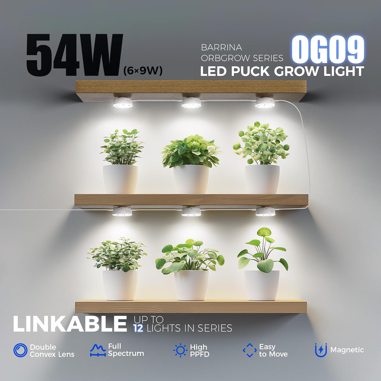 Barrina Orbgrow OG09 Puck Grow Light, 5000K 54W(6 x 9W, 810 Watt Equiv), Full Spectrum Plant Light for Indoor Plants, Magnetic & Linkable with Timer, 5 Levels Dimmable for Plant Shelf, 6 Packs
