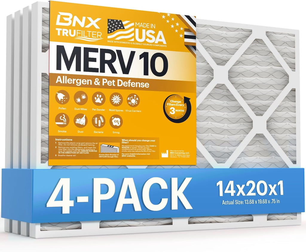 BNX TruFilter 14x20x1 MERV 10 (4-Pack) AC Furnace Air Filter - MADE IN USA - Pleated Air Conditioner HVAC AC Furnace Filters - Removes Odor, Mold, Bacteria, Smoke