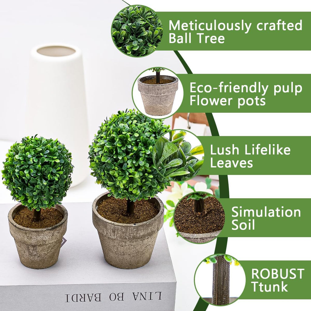 Woration Artificial Green Grass Ball Potted Fake Shrubs Big & Small Ball Plant Decoration Faux Small Boxwood Topiary Home Office Desk Table Room, 2 Pack