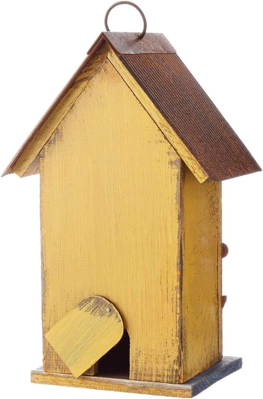 Glitzhome 10.2" H Hanging Bird House for Outdoor Patio Garden Decorative Birdhouse Pet Cottage Distressed Wooden Birdhouse, Yellow Flower