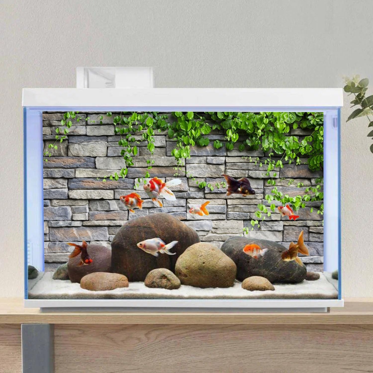 AWERT Vinyl 60x24 inches Stone Brick Wall Aquarium Background Rock Fish Tank Background Spring Leaves Terrarium Background