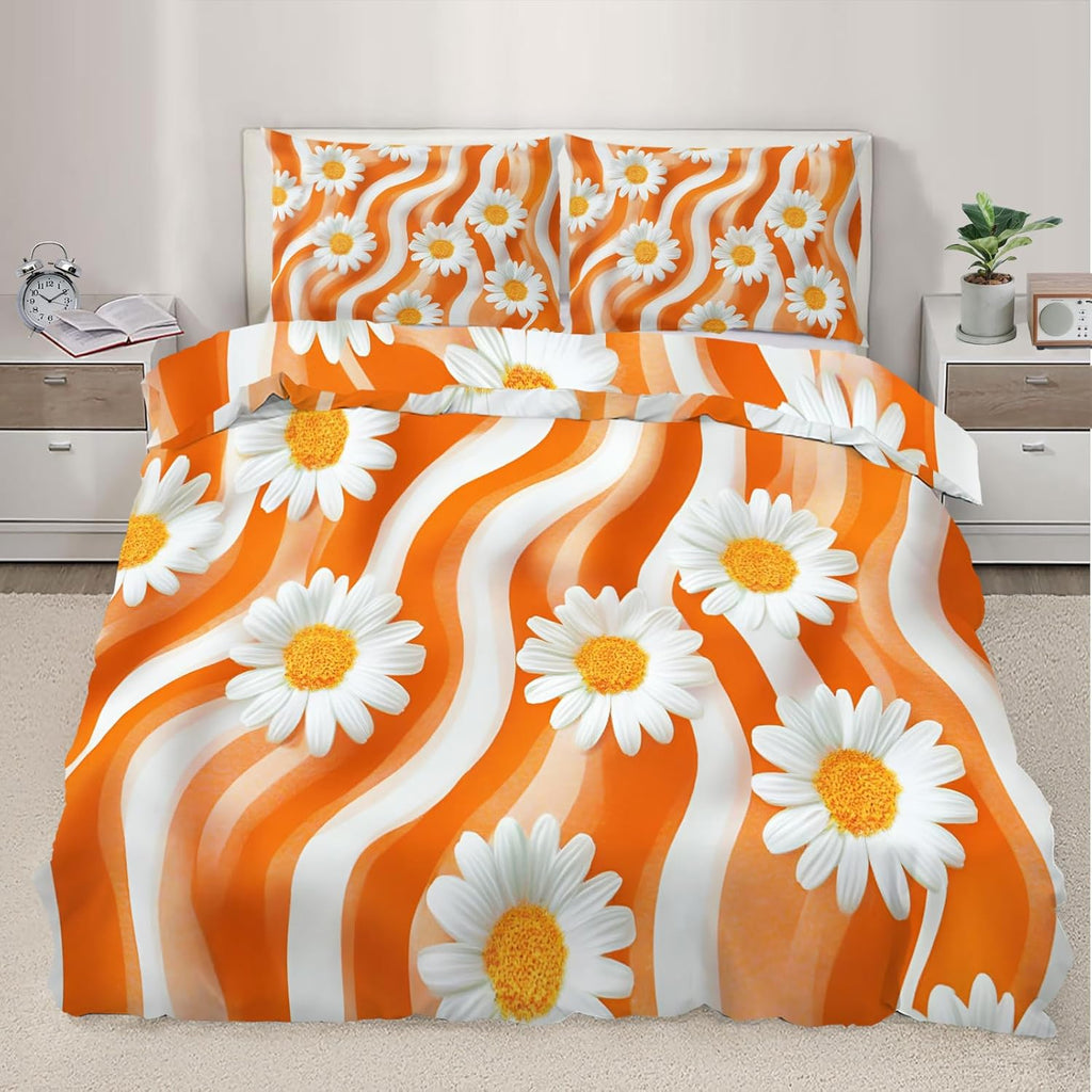 Orange Groovy Duvet Cover Queen Size, Retro Hippie Flower Bedding Set 3 Piece Bedroom Decor Vibrant Daisy Comforter Cover with Zipper Ties & 2 Pillowcases