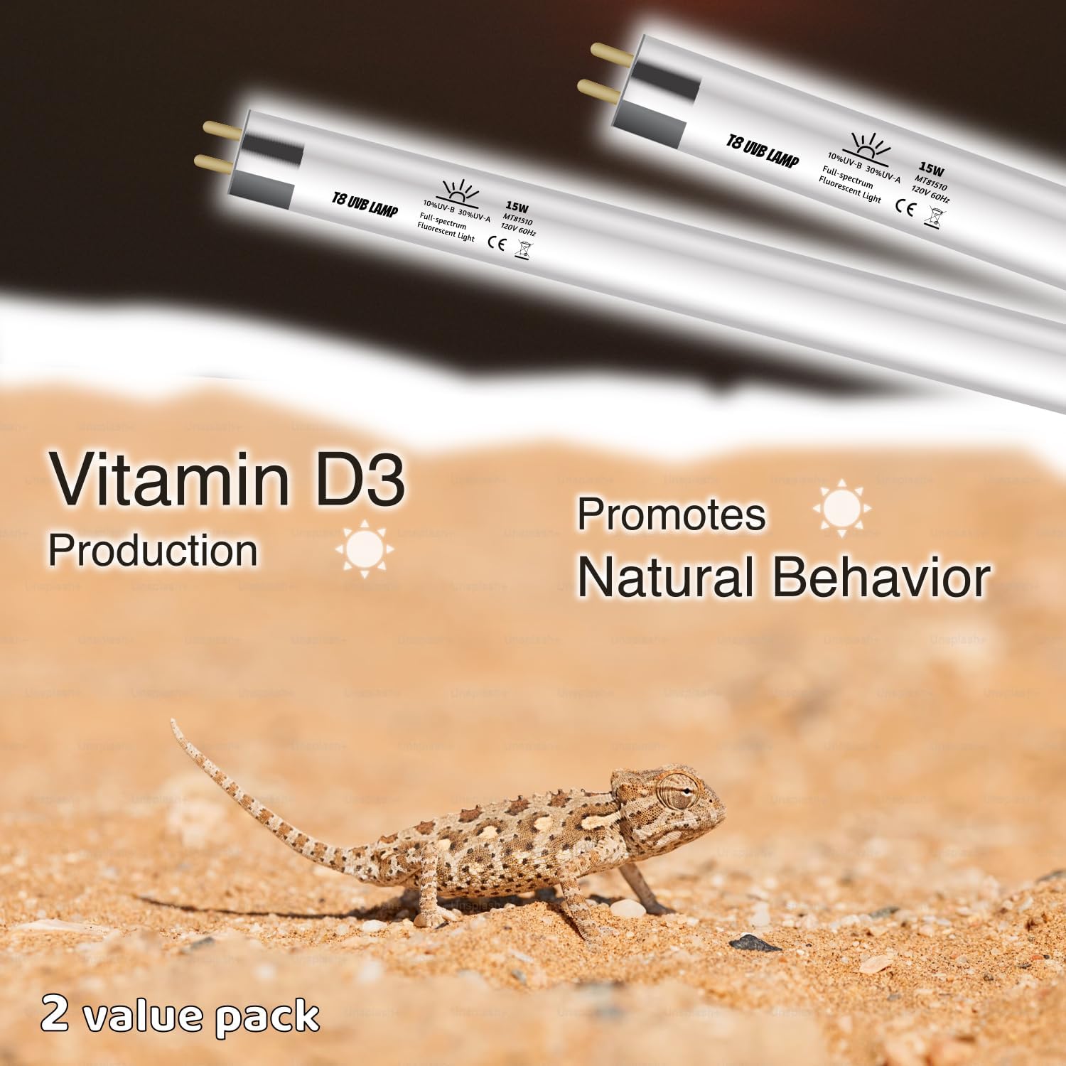 T8 UVB Reptile Lamp, 2-Pack 15W 10.0 UVB Light Bulbs, German Raw Material Fluorescent Lamp, Liner UVB Tube for Desert-Dwelling Reptiles, Bearded Dragon UVB Light 18 inches