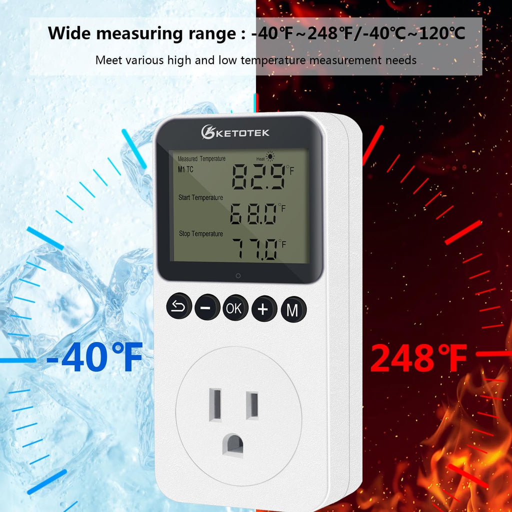 KETOTEK KT3200PRO Digital Temperature Controller Outlet Day Night Thermostat Plug Socket Heating Cooling Temp Controller with Sensor Timer Regulator for Reptile Greenhouse Brewing Refrigerator