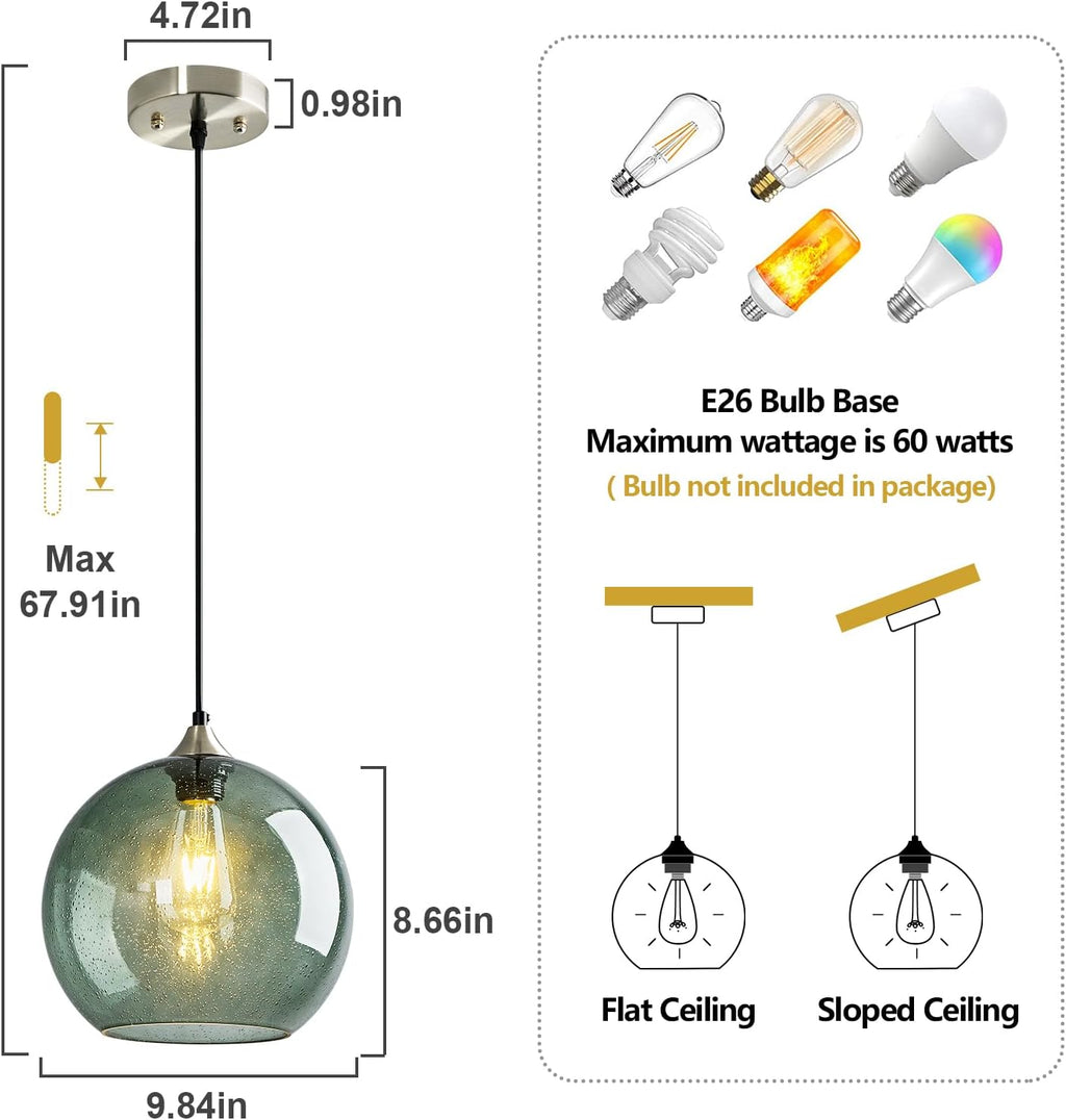 Gray Green Glass Pendant Lights Kitchen Island Lighting Globe Pendant Light Fixtures Modern Pendant Lighting for Kitchen Island Bedroom Living Dining Room Light Fixture(9.84in, 1-Pack)