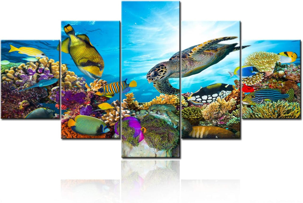 Room Wall Pictures Colorful Coral Reef Wall Art for Living Room Landscape Paintings 5 Piece Prints on Canvas Undersea Artwork Modern Home Decor Galler-Wrapped Wooden Framed Ready to Hang(60''Wx 32''H)