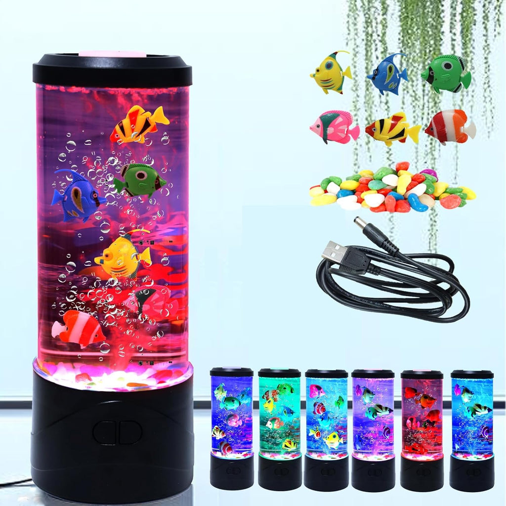Fake Fish Tank Aquarium Lamp,Bubble Fish Lamp with 6 Artificial Fishes Night Lights, Sensory Gifts for Kids Adults, for Rooms, Offices, and Living Spaces Decor