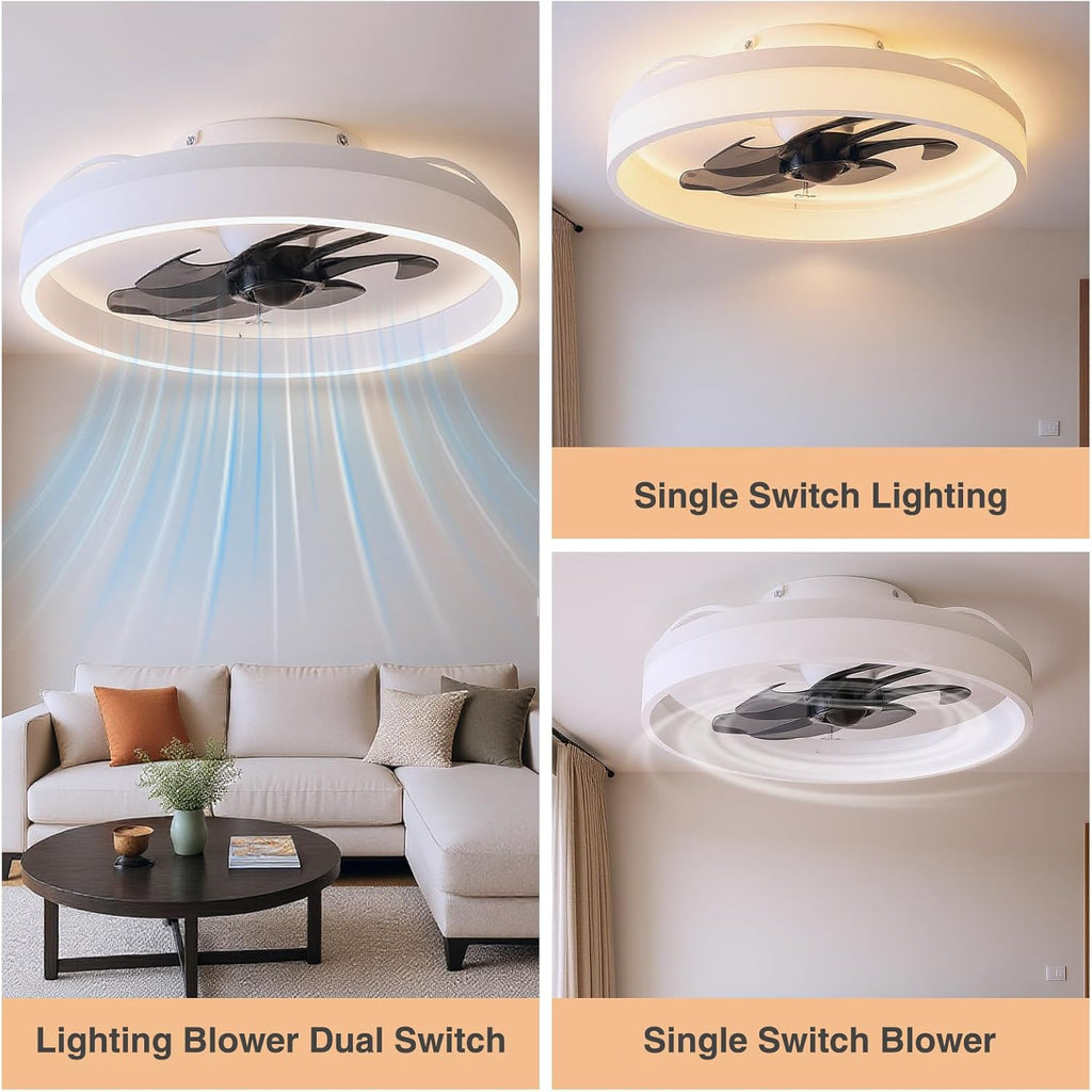 LED Ceiling Fan, 20" Low Profile Ceiling Fan with Lights and Remote, 6 Speeds, Dimmable 3000K–6500K LED, App & Remote Control, for Bedroom/Kitchen/Living Room, White