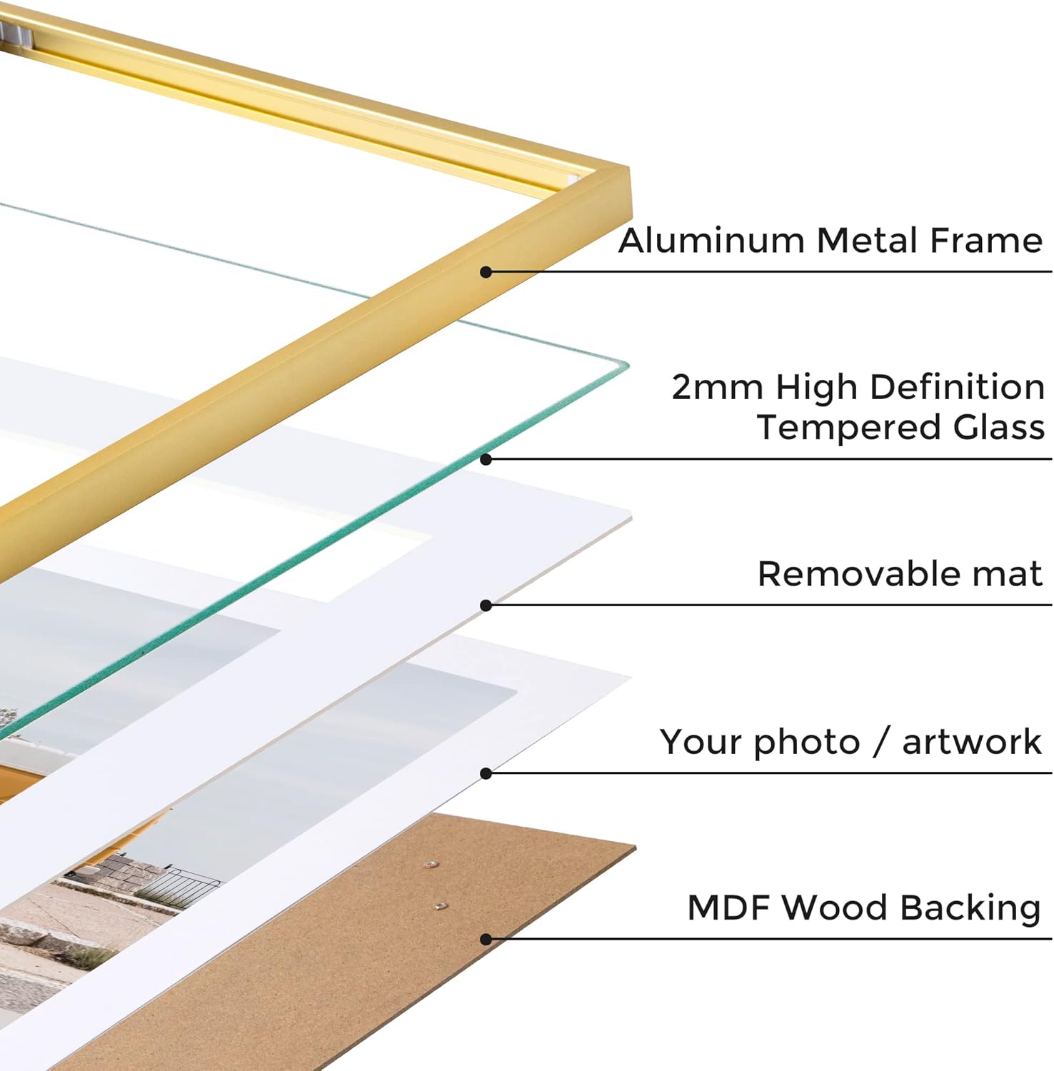 12x12 Metal Picture Frame with 10x10 Mat, Brushed Aluminum Finish, Attached Hanging Hardware, and Tempered Glass Front - Versatile Vertical or Horizontal Wall Display Frames(Gold, Pack of 3)
