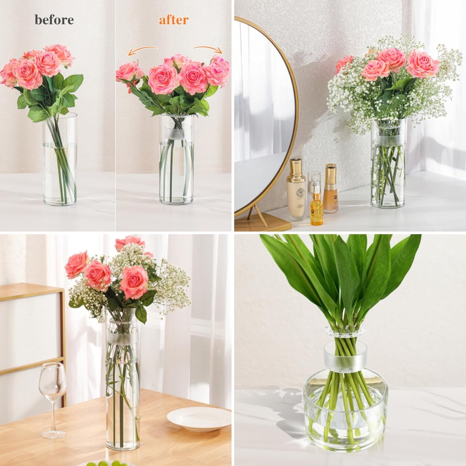 4 Spiral Ikebana stem Holder, hanataba Arranger Twist Flower Arrangement Holder Ikebana Bouquet Twister Ring Tools, Reusable Kitchen Floral Grid Supplies (Half Clear)