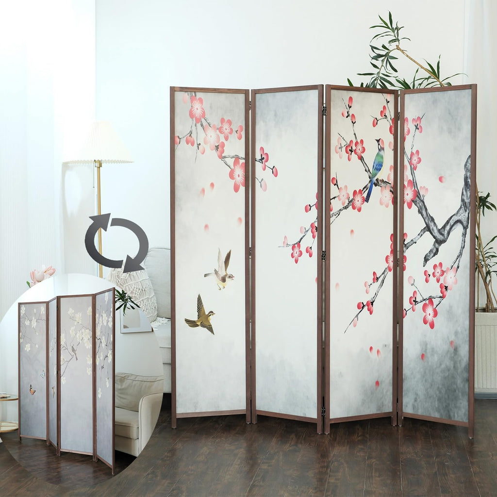 4 Panel Room Divider Screen,Double Faced Blackout Panel Divider Folding Panel Screen Divider for Room Separation,Magnolia and Plums,67" H x 63" W
