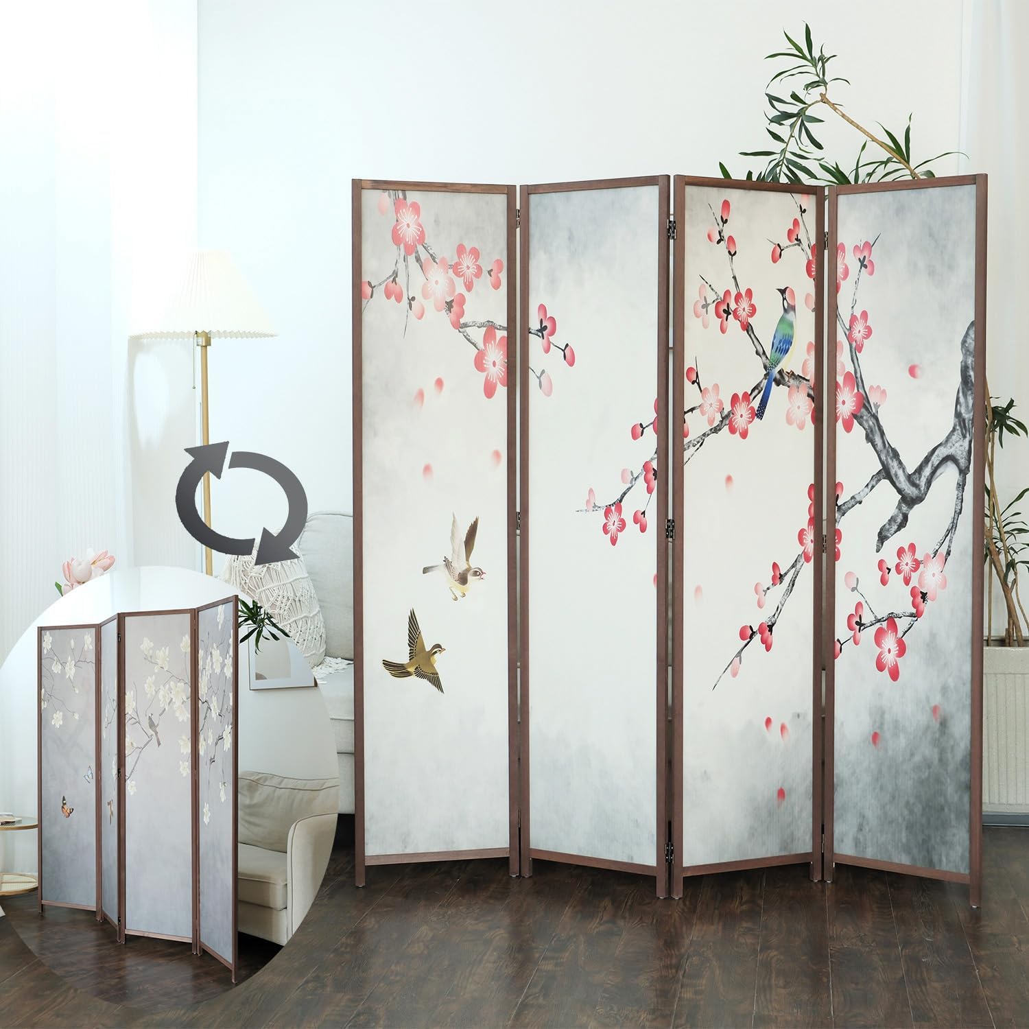 4 Panel Room Divider Screen,Double Faced Blackout Panel Divider Folding Panel Screen Divider for Room Separation,Magnolia and Plums,67" H x 63" W