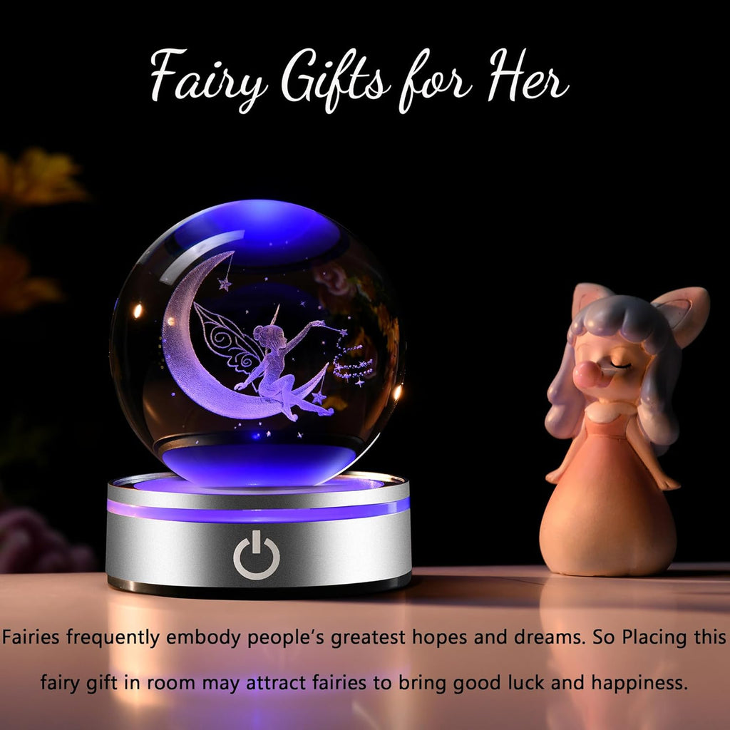 IFOLAINA Moon Fairy Crystal Ball 3D Laser Engraved Fairy Glass Ball Fairy Night Light Decorative Globes 3D Crystal Moon Sphere Fairy Gifts for Girl Her Fairy Lover, 1163Z