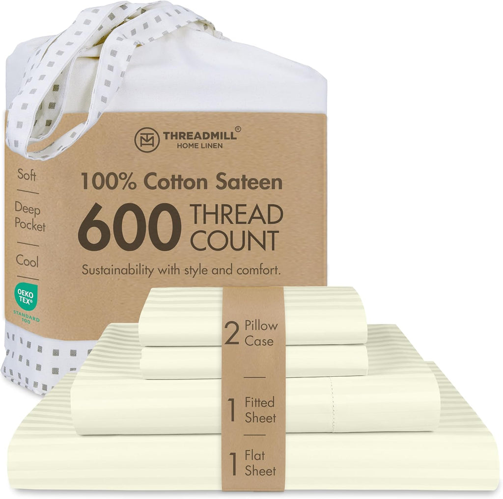 Threadmill 100% Cotton Sheets for Full Size Bed - 600 Thread Count Full Bed Sheets Set with 16” Deep Pocket - Damask Stripe Sateen Weave 4-Piece Bedding Set with Cooling Effect, Ivory