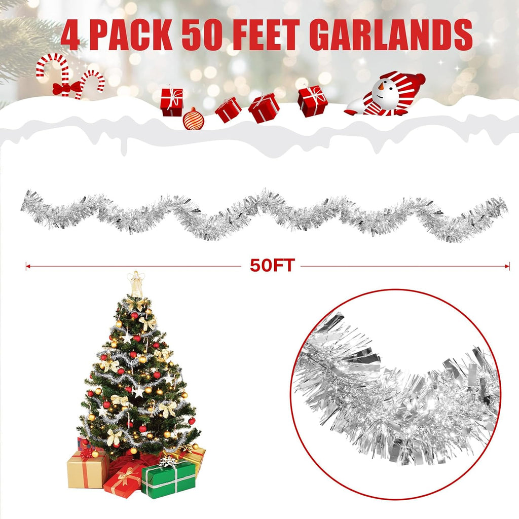 4 Pack Silver Tinsel Garland - 200Ft Metallic Hanging Tinsel for Christmas Tree, Home & Party Decorations Indoor/Outdoor