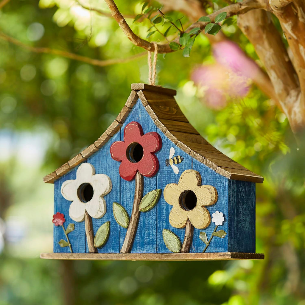Glitzhome Bird Houses for Outside, 15" L Oversized Distressed Solid Wood Birdhouse with 3D Flowers Rustic Three-Story Villa Decorative Hand-Painted Hanging Bird Houses for Outdoors,Washed Blue