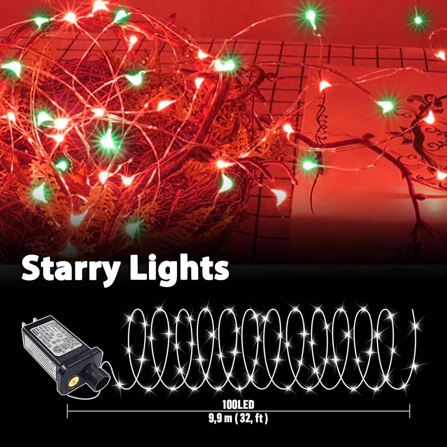LAMPHOME Fairy Lights Plug in, 33Ft 100 LEDs Waterproof Twinkle Firefly Lights, Adaptor Included, Starry String Lights for Wedding Indoor Outdoor Christmas Patio Garden Decoration, Red and Green