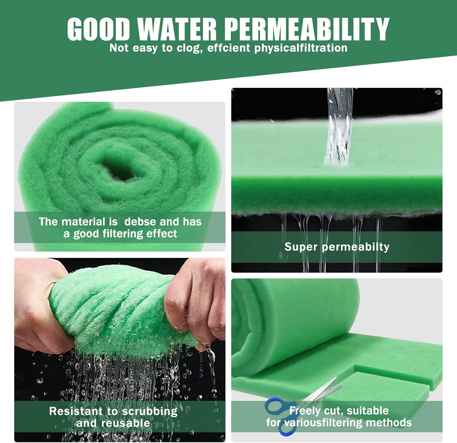 2PCS Aquarium Filter Floss for Fish Tank Filters-aquarium filter media-Aquarium Filter Pad-Media Roll for Crystal Clear Water,1" Thick (12 in Wide, 78 in Long) 6.6ft per Roll Total 13.2ft(green)
