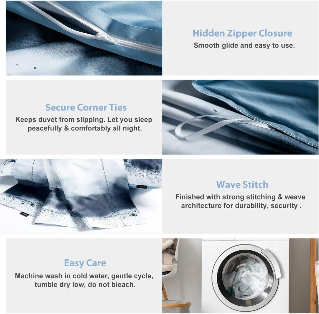 MILDLY 100% Long-Staple Cotton Duvet Cover Set Navy & White Striped Watercolor Pattern Printed Comforter Cover 2pcs, Ultra Soft & Breathable Bedding Set
