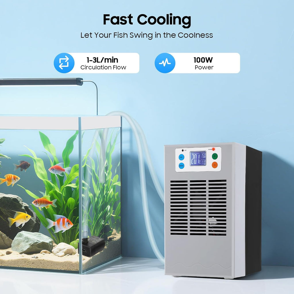 30L/7.93Gal Aquarium Chiller, 100W Low Noise Fish Tank Water Cooler with Special Quiet Design Refrigeration Compressor ＆ Water Tube for Axolotl Coral Jellyfishe (30L/7.93Gal)
