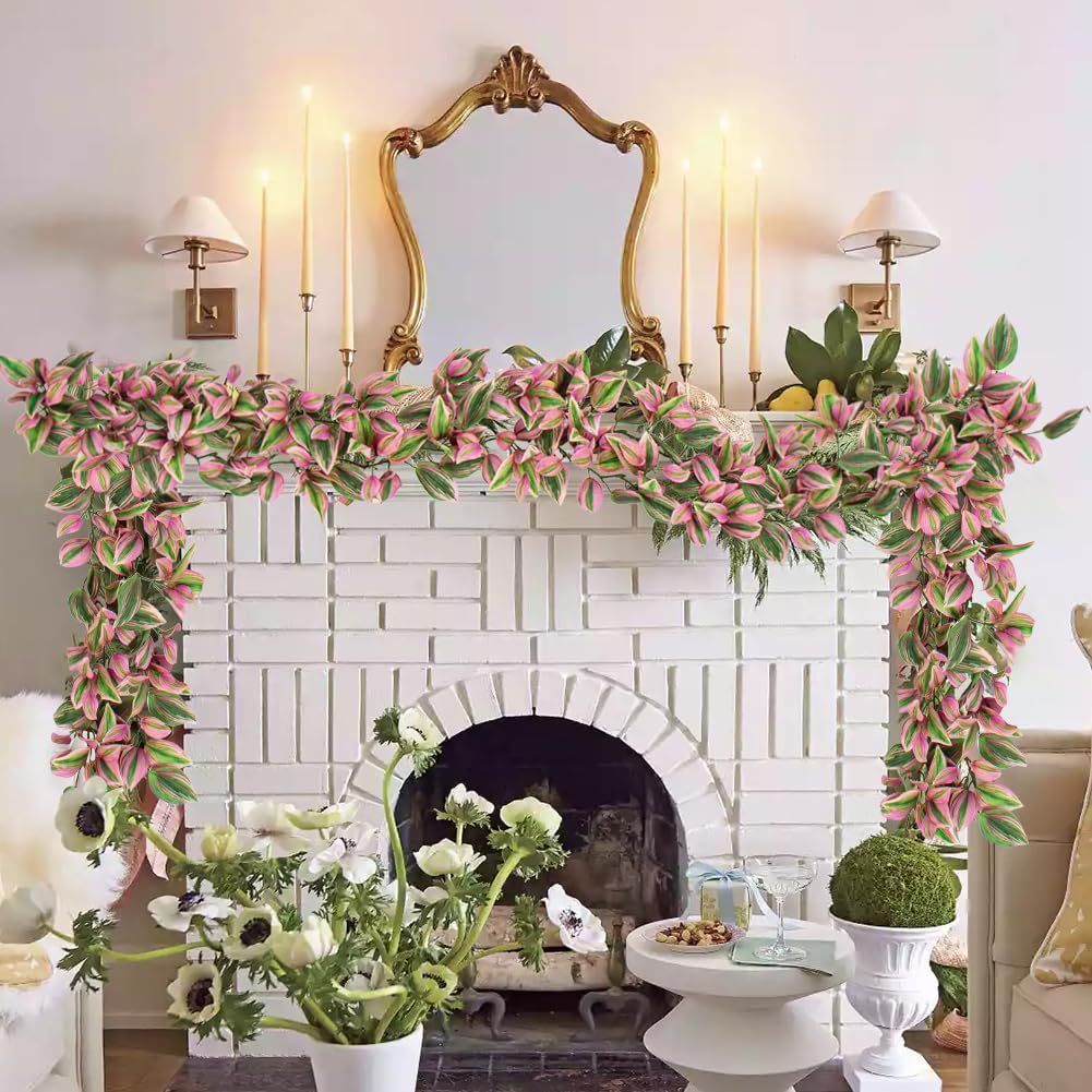 2Pcs 5.6FT Artificial Leaf Hanging Plant Faux Tradescantia Zebrina Garland Plants Fake Vines Leaves Greenery for Boho Wedding Party Front Door Wall Stair Home Decor Pink