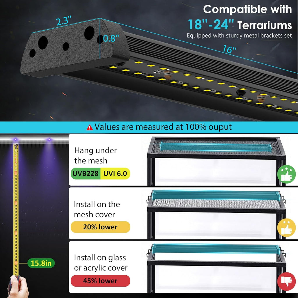 UVB Light for Reptiles, 16IN 12W LED UVA UVB Terrarium Lamp with 4 Auto Modes for Ferguson Zones, Terrarium Lamp for Bearded Dragons, Leopard Gecko, Snake, Turtle & More