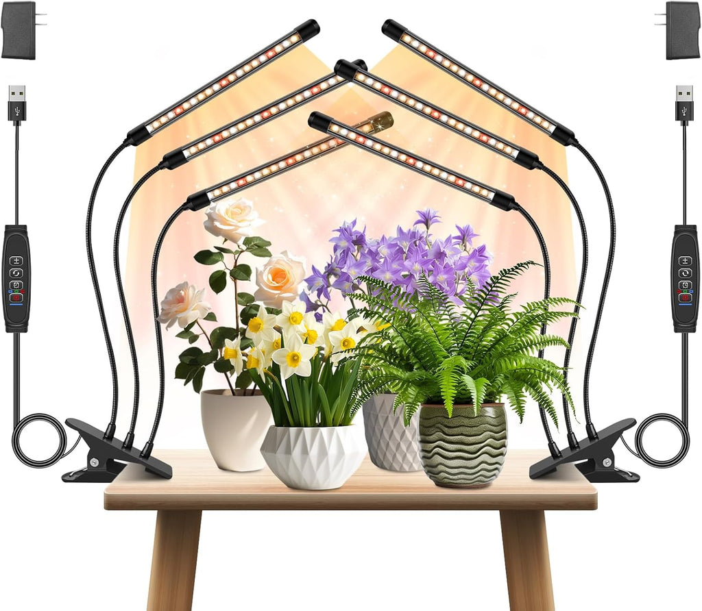 3 Heads Plant Lights for Indoor Growing, 2 Pack Grow Lights for Seed Starting, Full Spectrum Clip Grow Lamps with Auto ON & Off Timer 3/9/12H, 3 Switch Modes, 10 Dimming for Houseplants