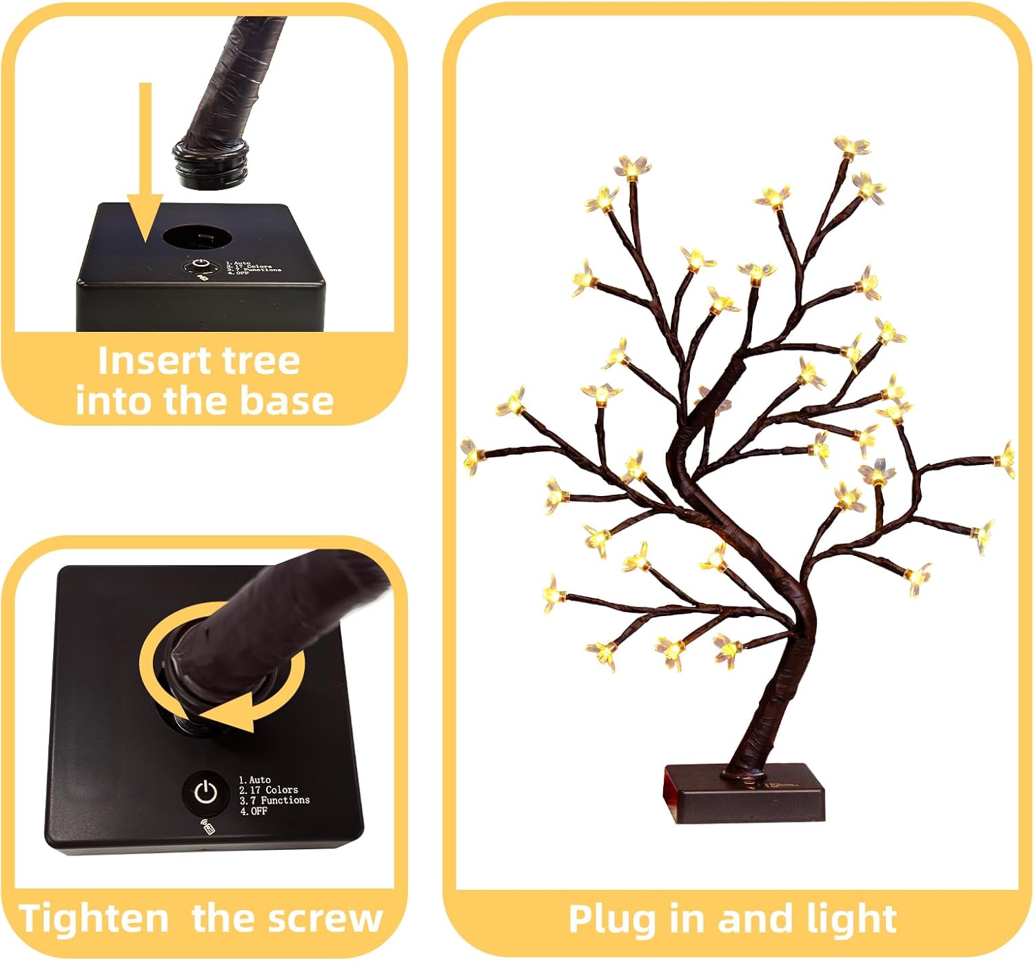 PEIDUO RGBW Cherry Blossom Tree, Light up Bonsai Tree 36 Color-Changing LED, Lit Spirit Tree Lamp with Controller for Christmas Indoor Home Bedroom Tabletop Decoration, USB/Battery Powered, 17.5 Inch