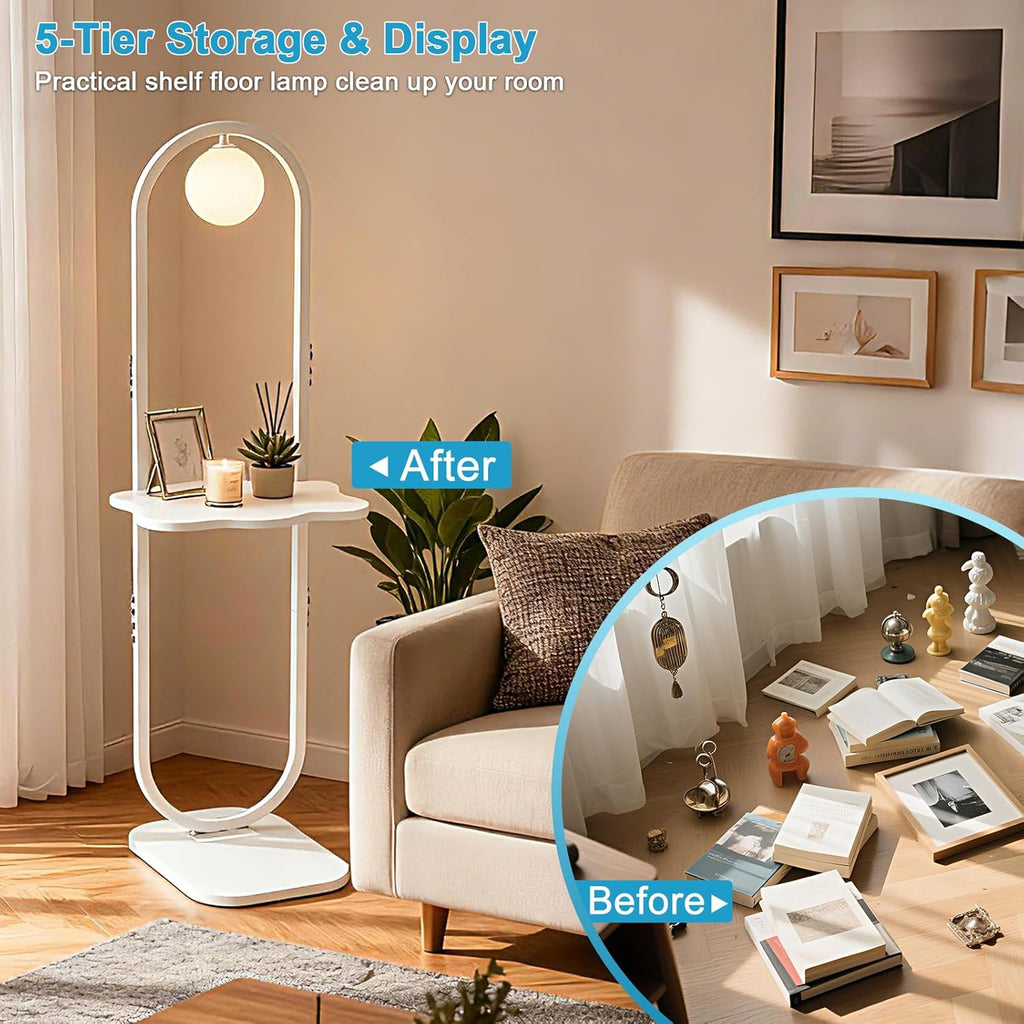 Lightdot 47-Inch Arch Floor Lamp, Modern Standing Lamp with Table, White Metal Frame with Globe Shade, Living Room Bedroom Lighting, G9 LED Bulb Included