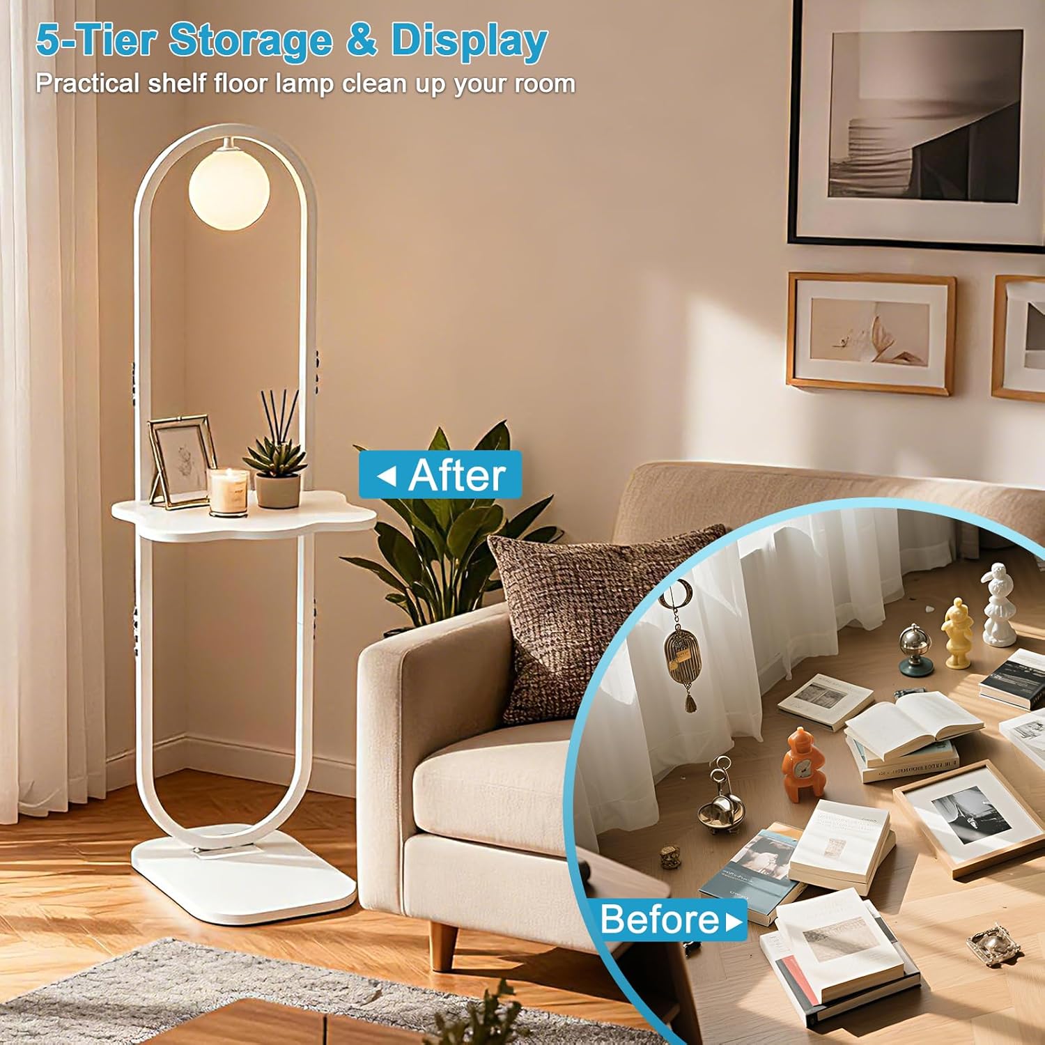 Lightdot 47-Inch Arch Floor Lamp, Modern Standing Lamp with Table, White Metal Frame with Globe Shade, Living Room Bedroom Lighting, G9 LED Bulb Included