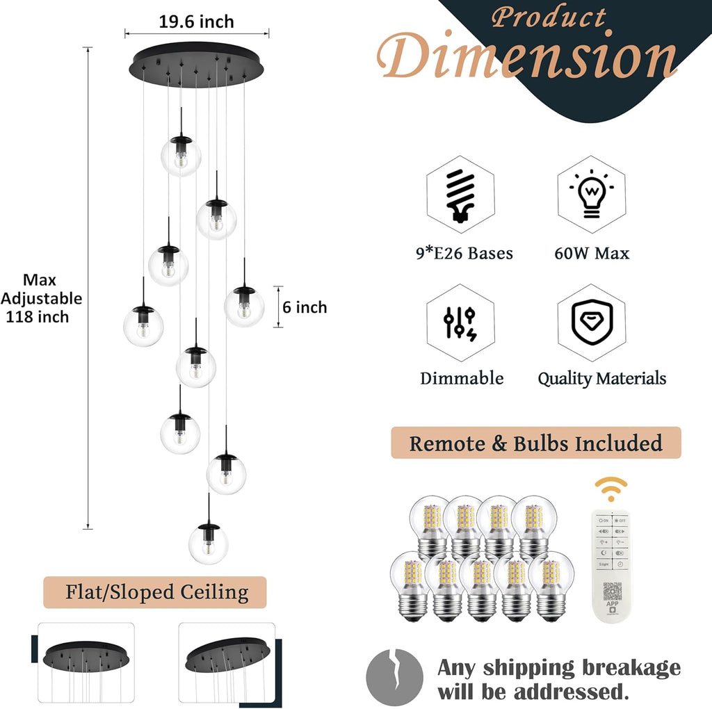 KoKo&Yukina 9-Light Globe Glass Pendant Light Adjustable Length Pendant Lights Fixtures Modern Black Clear Globe Glass Chandelier High Ceiling Lights Fixtures for Foyer Staircase (Bulb & Remote Incl)