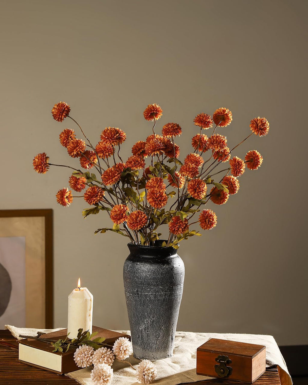 DuHouse 6pcs Artificial Flowers Faux Silk Pompon Mum,Silk Small Mini Chrysanthemum Ball with Stems for DIY Wedding Bouquets Centerpieces Vase Home Table Kitchen Decorations(Burnt Orange)