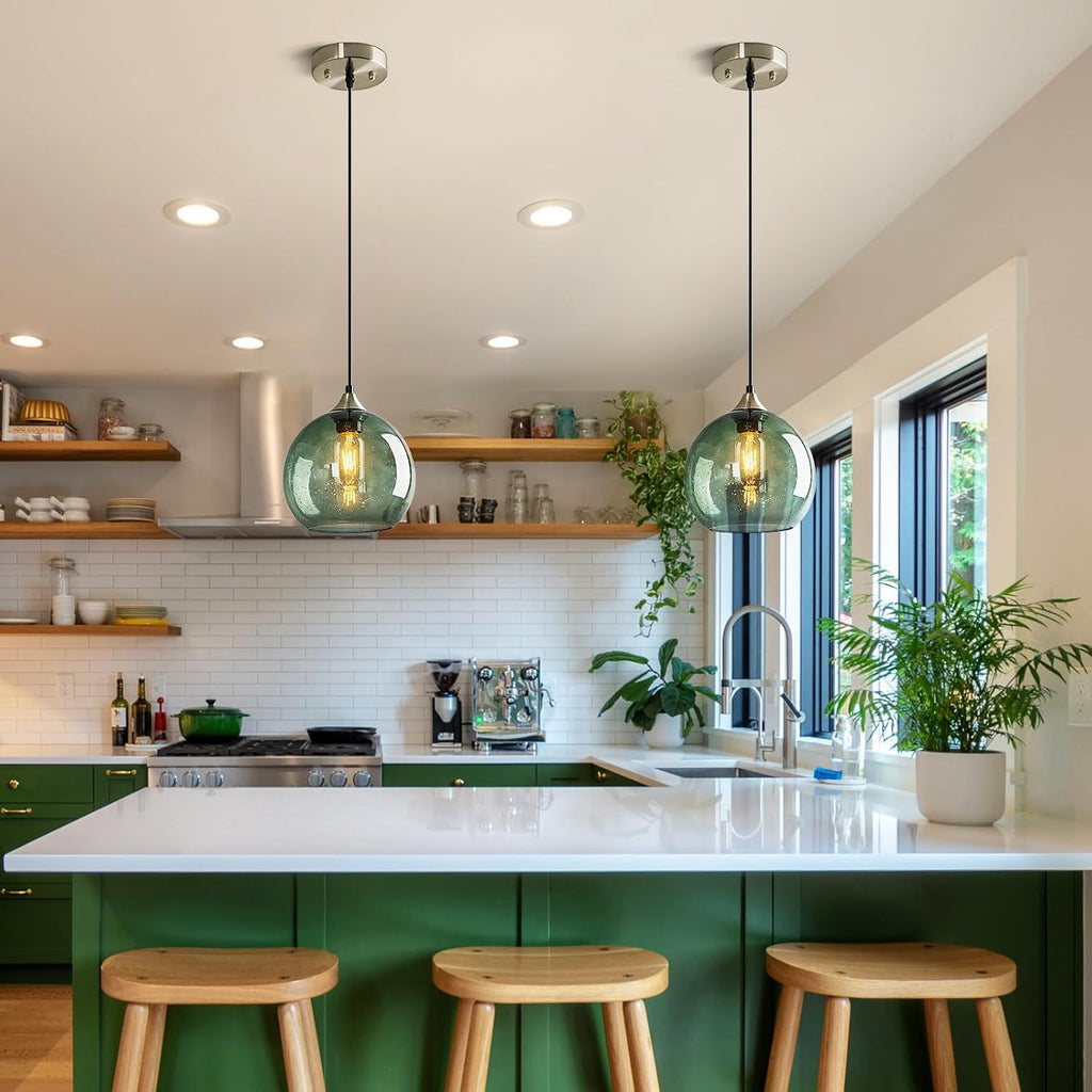 Gray Green Glass Pendant Lights Kitchen Island Lighting Globe Pendant Light Fixtures Modern Pendant Lighting for Kitchen Island Bedroom Living Dining Room Light Fixture(7.87in, 3-Pack)