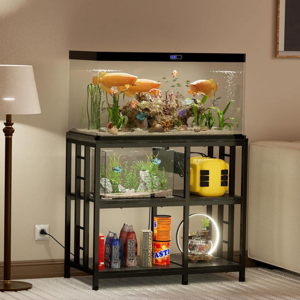 Reinforced 40-50 Gallon Aquarium Stand with Power Outlet | Ultra-Stable 750LBS Capacity Metal Fish Tank Stand for Reptile/Aquatic Setups, 5-Tier Adjustable 37"x19" Steel Shelving System