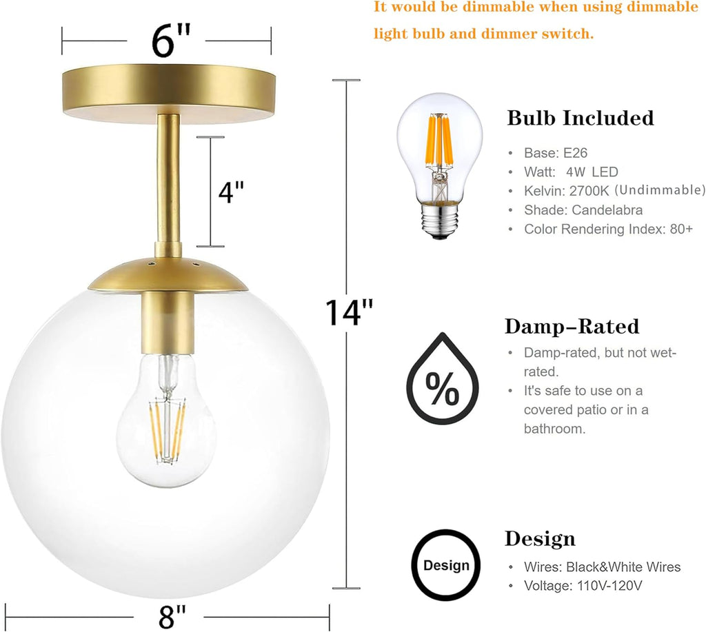 Gold Semi Flush Mount Ceiling Light Globe Ceiling Light Brass Finish with Clear Glass Shade, Contemporary Mid Century Modern Style Lighting for Hallway Living Room Bedroom Storage Kitchen (Bulb Incl.)