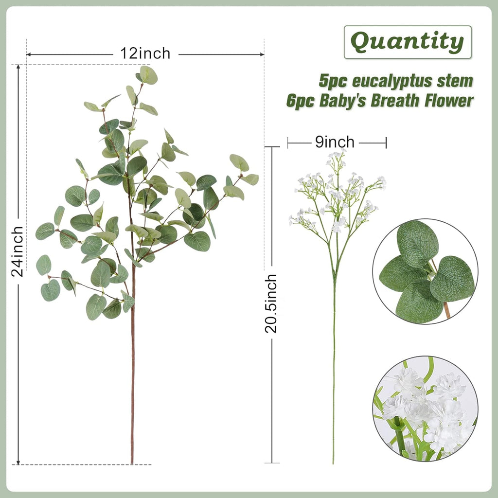 Beferr 5pcs Eucalyptus Stems & 6pcs Babys Breath Artificial Flowers Faux Greenery Bouquets for Wedding Table Centerpiece Home Decor