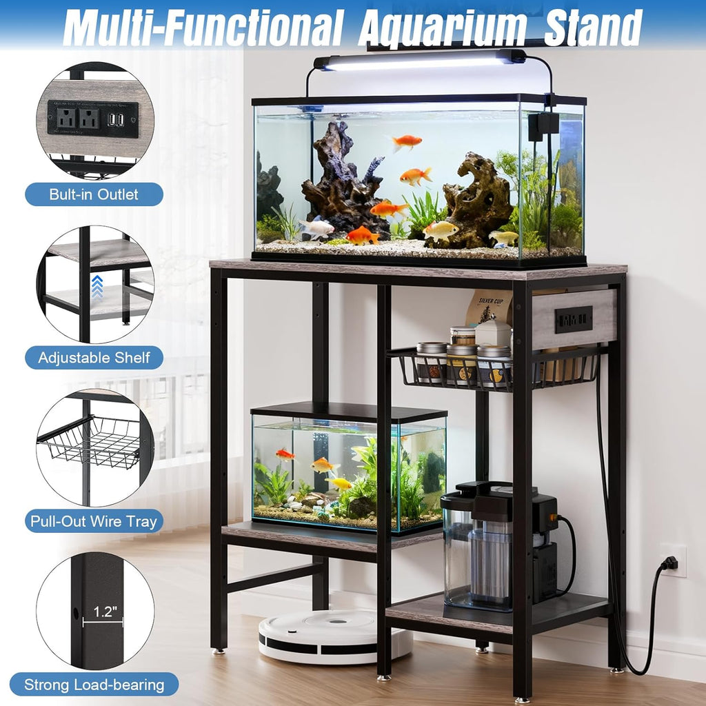 Livofloral 5-10-20 Gallon Fish Tank Stand with Outlet, Heavy Duty Aquarium Stand with Adjustable Shelves, Ample Storage Stand Table for Fish Tanks Accessories, Reptile Tank Stands, 660 LBS, Grey