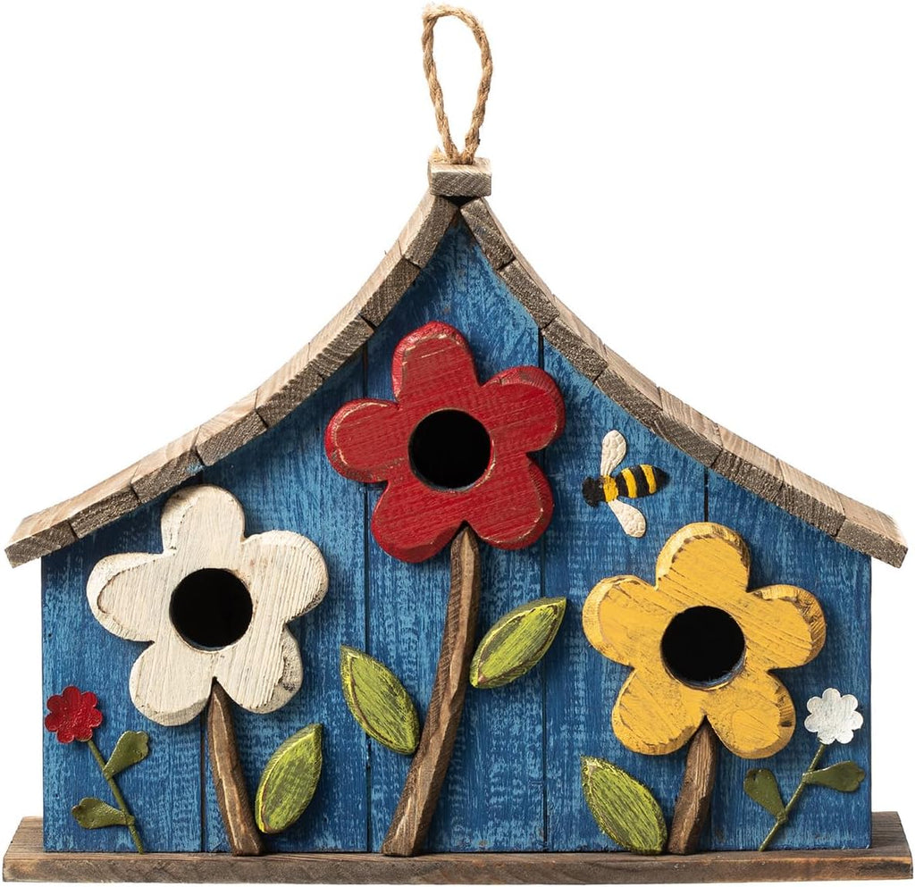 Glitzhome 15" L Rustic Oversized Distressed Solid Wood Hanging Garden Birdhouse with 3D Flowers Three-Story Villa Decorative Hand-Painted Bird Houses for Outside,Washed Blue