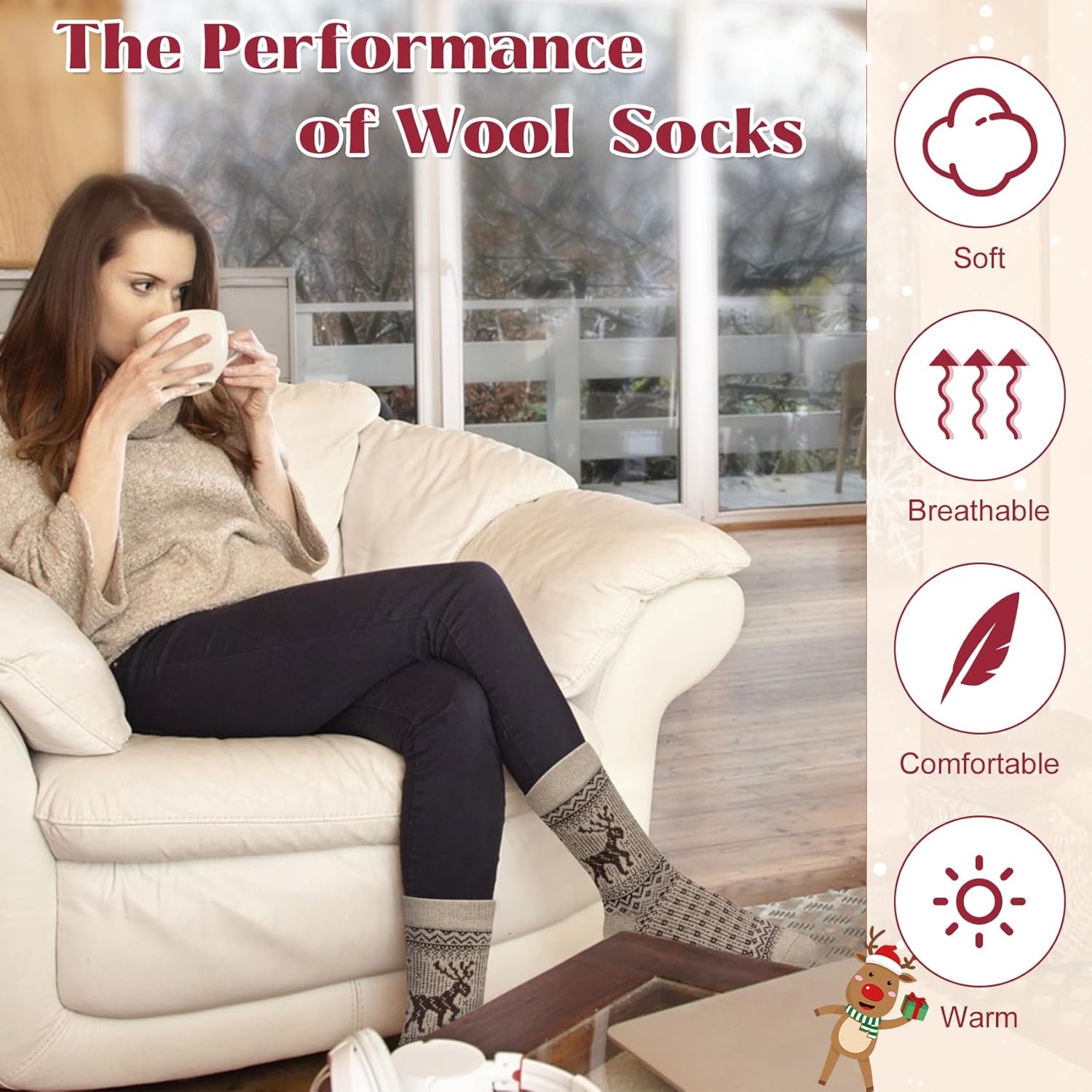 Justay 5 Pairs Wool Socks for Women - Winter Thick Boot Cozy Crew Vintage Soft Calf Knit Warm Socks Gifts