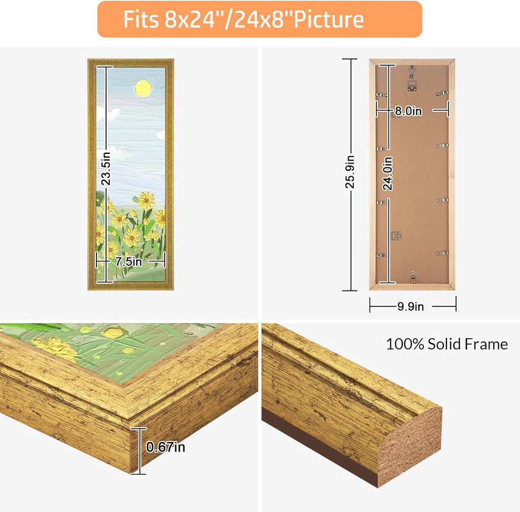 Wood 8x24 Frame Gold, Ornate Natural 24x8in Poster Picture Frame, Modern Golden 8 x 24inch Gallery Wall Photo Frame with HD Plexiglass, Horizontal Vertical Wall Mounting Display 1pcs