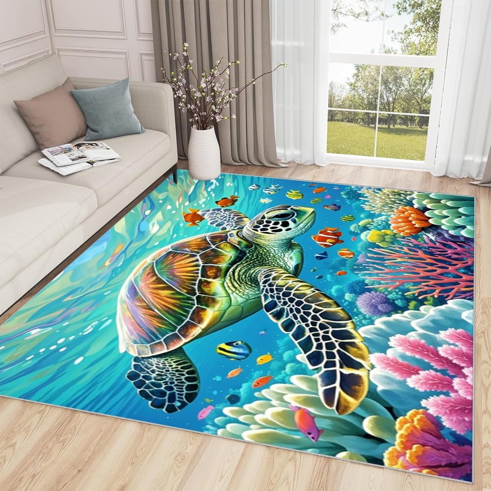 Coastal Sea Turtle Area Rug 4x6ft Beach Theme Ocean Non-Slip Rug Washable Decorative Living Room Bedroom Floor Rug, Blue Green