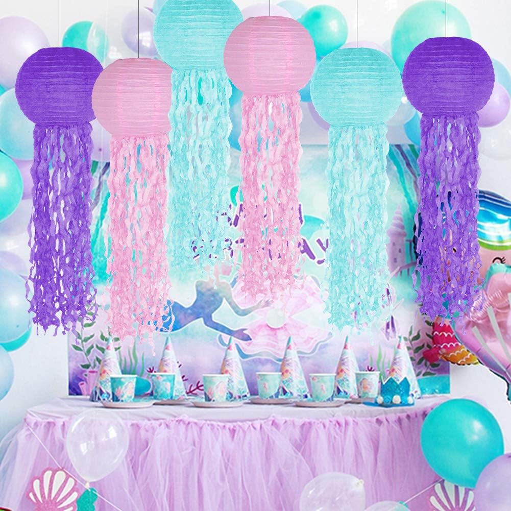 Jelly Fish Paper Lanterns, Pink Purple Blue Hanging Lantern for Mermaid Theme Under The Sea Ocean Birthday Party Decorations Set of 6