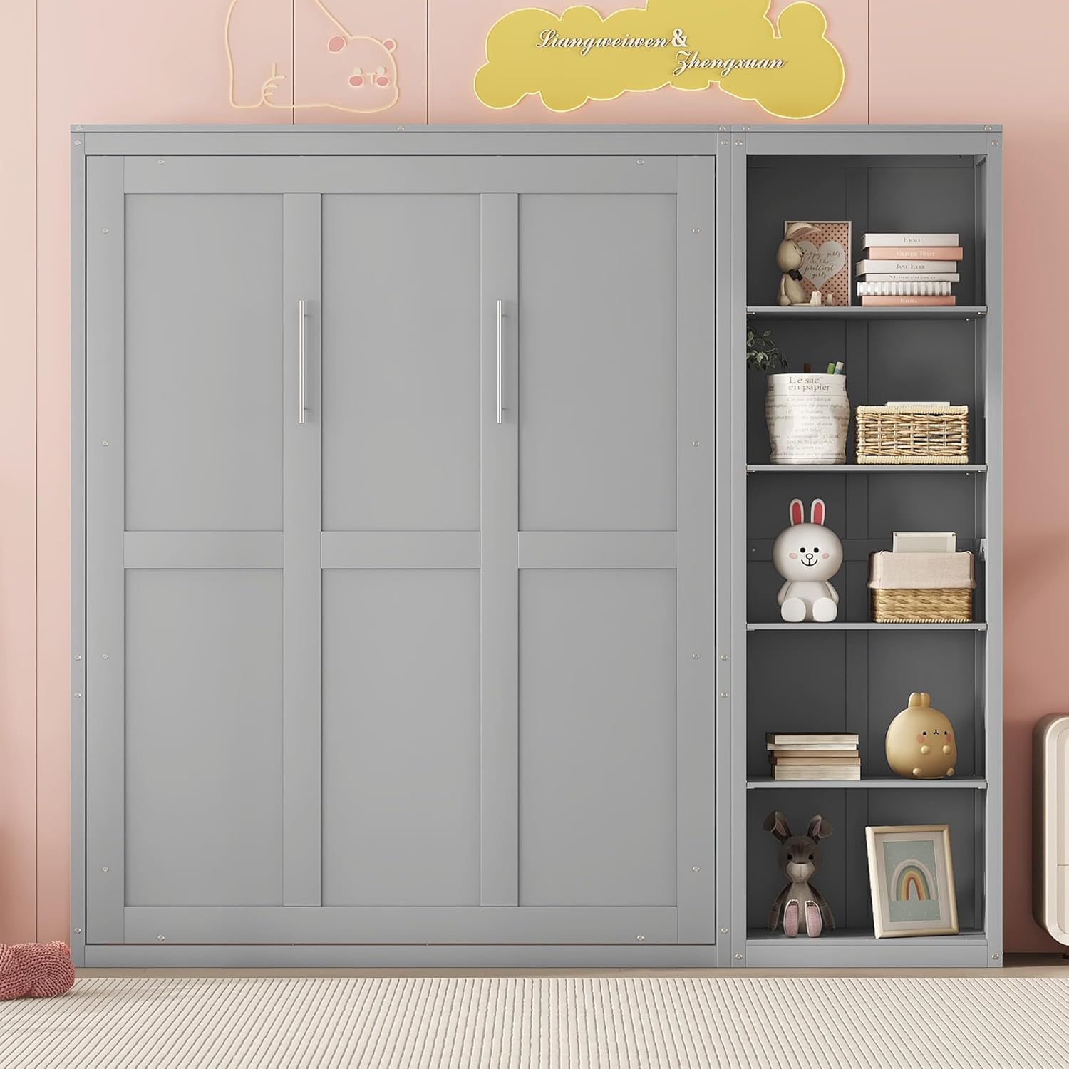 MERITLINE Full Murphy Bed with Storage Bookcase Shelves,Wood Folding Grey Murphy Wall Bed Cabinet
