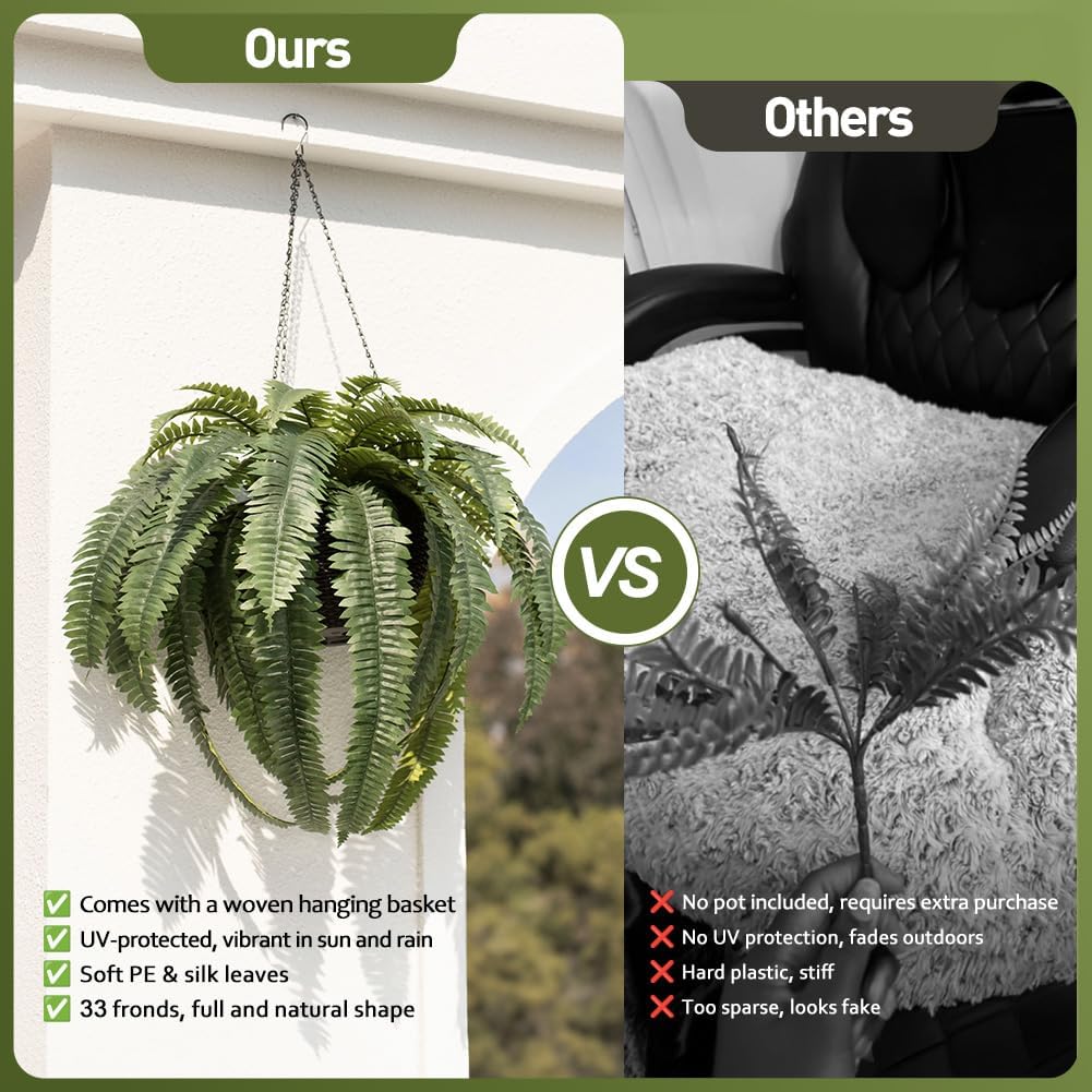 48" Artificial Boston Fern Hanging Plants with Basket - UV Resistant Fake Plant for Outdoor Indoor - Large Realistic Faux Greenery for Front Porch, Front Door, Patio Decor, Set of 2, VN142