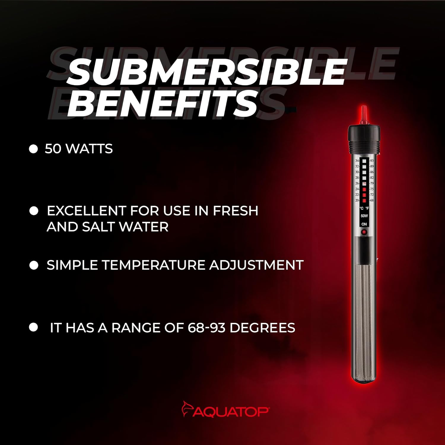 Aquatop 50W Aquarium Submersible Glass Heater – Adjustable Temperature 68-93°F – Fish Tanks Up to 13 Gal – for Freshwater & Saltwater Use – GH-50
