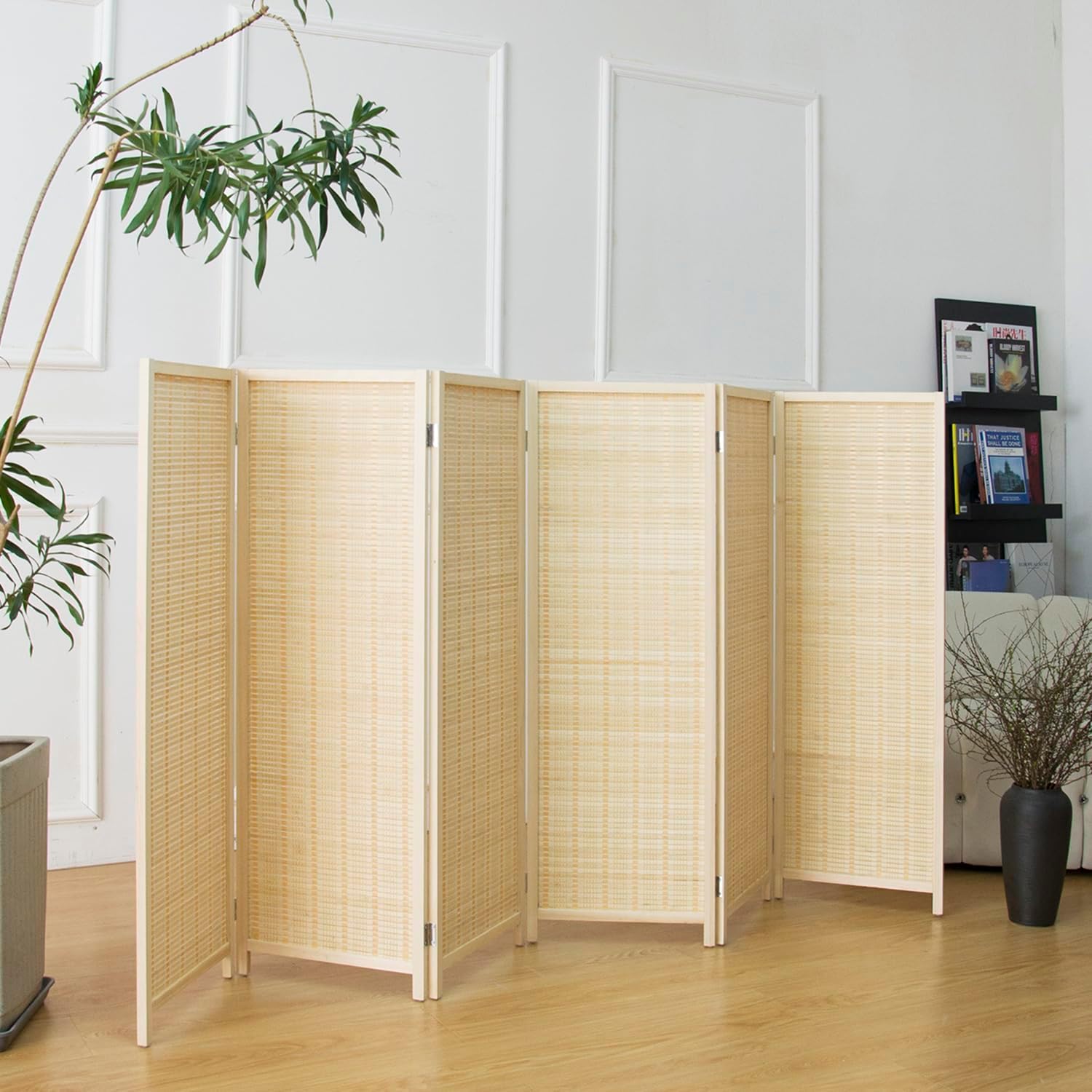 6 Panel Room Divider Short Folding Screen Divider,Double Sided Bamboo Panel Divider for Room Separation,Beige,47.2" H x 92.1" W