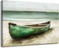 Beach Boat Pictures Wall Art Abstract Green Canoe Boat on Beach Print Painting Rustic Ocean Landscape Textured Seascape Artwork for Bathroom Office Living Room Decor