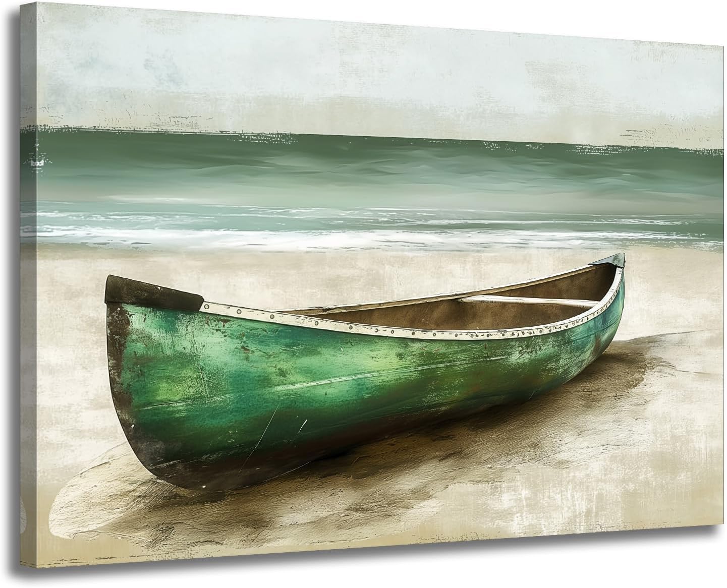 Beach Boat Pictures Wall Art Abstract Green Canoe Boat on Beach Print Painting Rustic Ocean Landscape Textured Seascape Artwork for Bathroom Office Living Room Decor