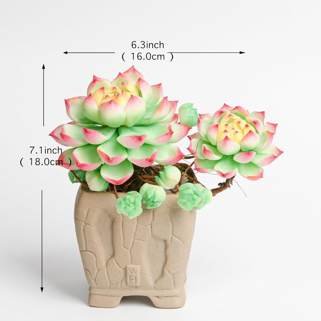 Galagaga Handcrafted Artificial Succulent Plant in Textured Ceramic Pot, Pink and Mint Green Clay Flowers, Maintenance-Free Home Decor (1, shape7)