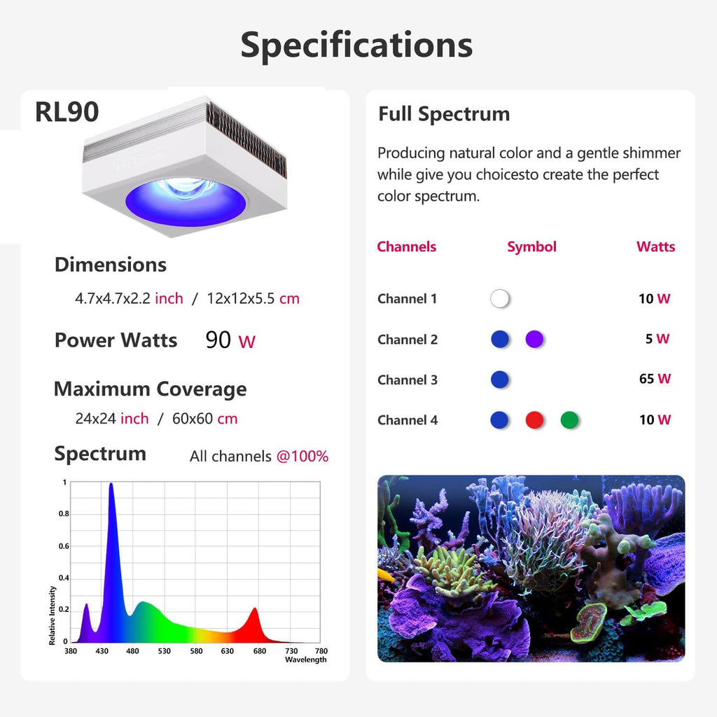 PopBloom RL90 WiFi Reef LED Light, 100W Reef Aquarium Lighting for SPS LPS Corals and Saltwater Fish Tanks, Enhanced Violet and Blue Spectrum,APP Fully Programmable (1 Light with Hang kit)